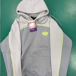 Syna World Gray Fleece Pullover Hoodie & Pants Set Logo Neon Yellow Trim Size L
